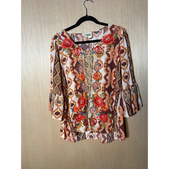 Savanna Jane Tops - Savanna Jane Womens Boho Embroidered Ikat Print Bell Sleeve Blouse Top Large